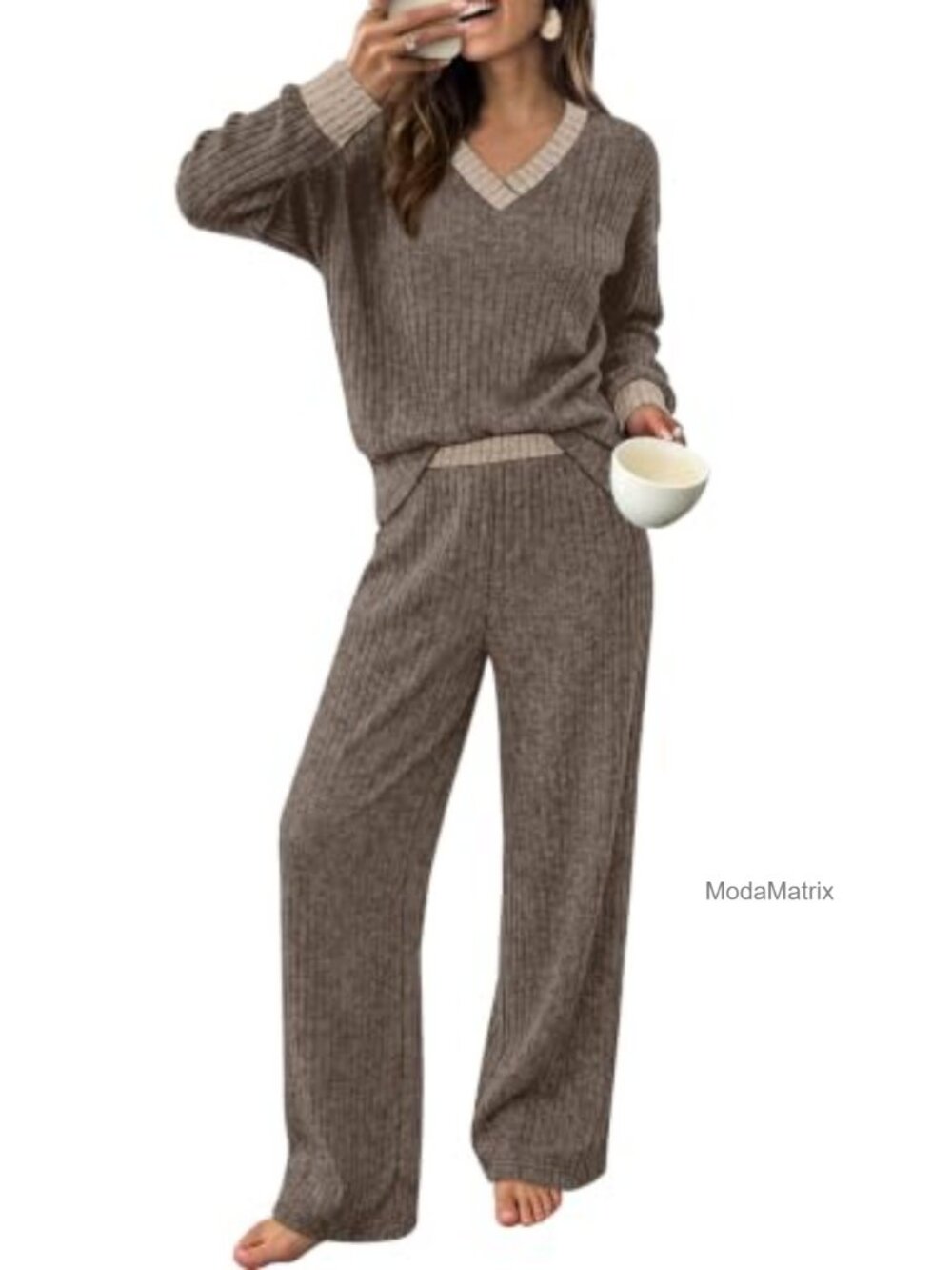 Soft Stretch Lounge Set Drop Shoulder Top Wide Leg Pants